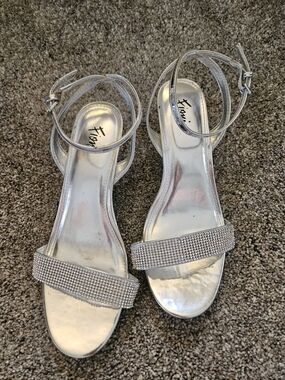 FIONI Clothing Silver Embellished Ankle-Strap Sandals. Worn To A Wedding Once.